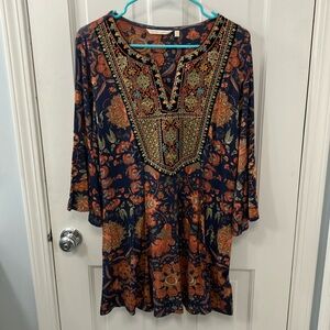 Soft Surroundings Embroidered Floral boho tunic top blue orange M 3/4 sleeves